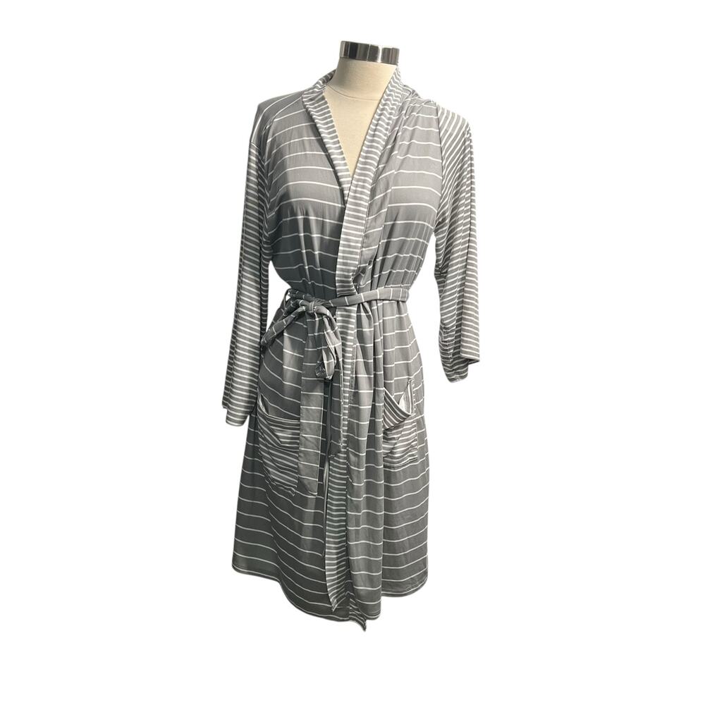 Tahari Lightweight Belted Short Bathrobe Gray/White Pockets Women'sL- XL